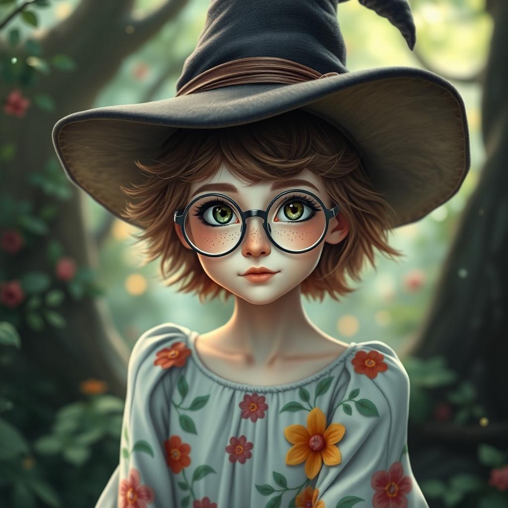 A young adult female witch with pale skin, short fluffy brown hair, and striking green eyes, adorned with freckles across her nose