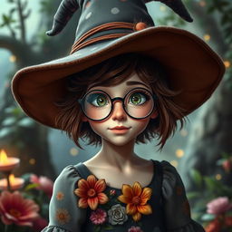 A young adult female witch with pale skin, short fluffy brown hair, and striking green eyes, adorned with freckles across her nose