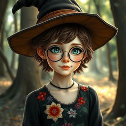 A young adult female witch with pale skin, short fluffy brown hair, and striking green eyes adorned with freckles across her nose