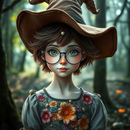 A young adult female witch with pale skin, short fluffy brown hair, and striking green eyes adorned with freckles across her nose