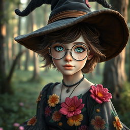 A young adult female witch with pale skin, short fluffy brown hair, and striking green eyes adorned with freckles across her nose