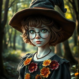 A young adult female witch with pale skin, short fluffy brown hair, and striking green eyes adorned with freckles across her nose