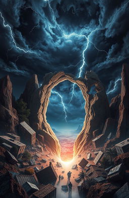 A visually striking representation of an open time rift in the center of the image, surrounded by a fractured landscape