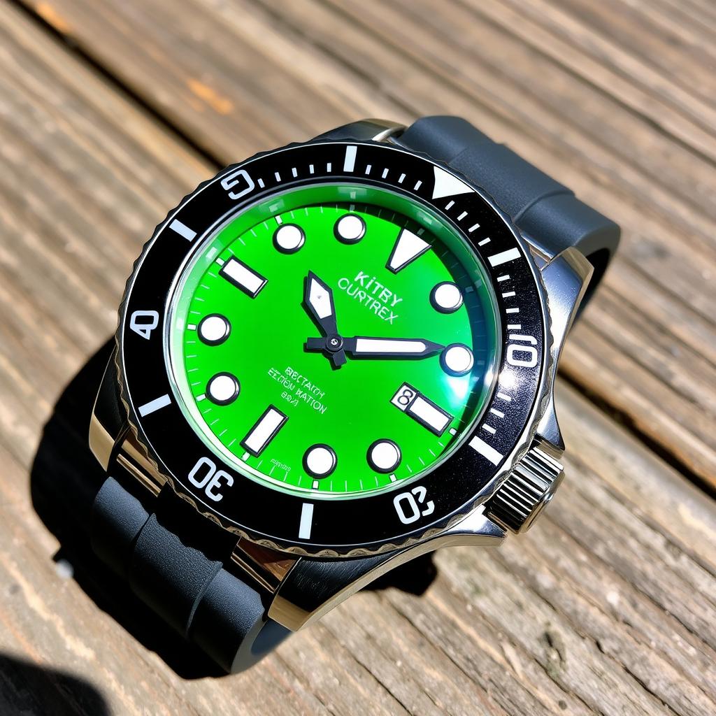 A stunning dive watch featuring a vibrant green dial with luminous hour markers, complemented by a sleek black rotating bezel