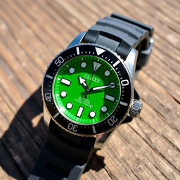 A stunning dive watch featuring a vibrant green dial with luminous hour markers, complemented by a sleek black rotating bezel