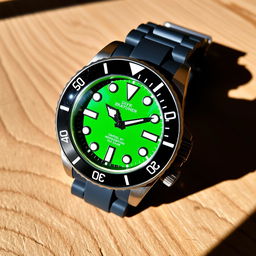 A stunning dive watch featuring a vibrant green dial with luminous hour markers, complemented by a sleek black rotating bezel