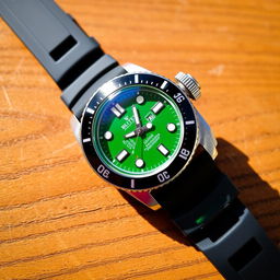 A stunning dive watch featuring a vibrant green dial with luminous hour markers, complemented by a sleek black rotating bezel