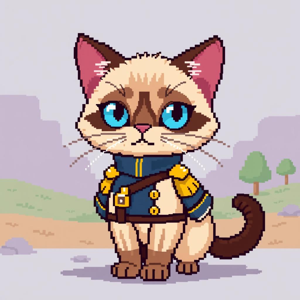 A pixel art representation of a Siamese cat dressed in a military uniform, showcasing its distinctive blue eyes and cream-colored fur