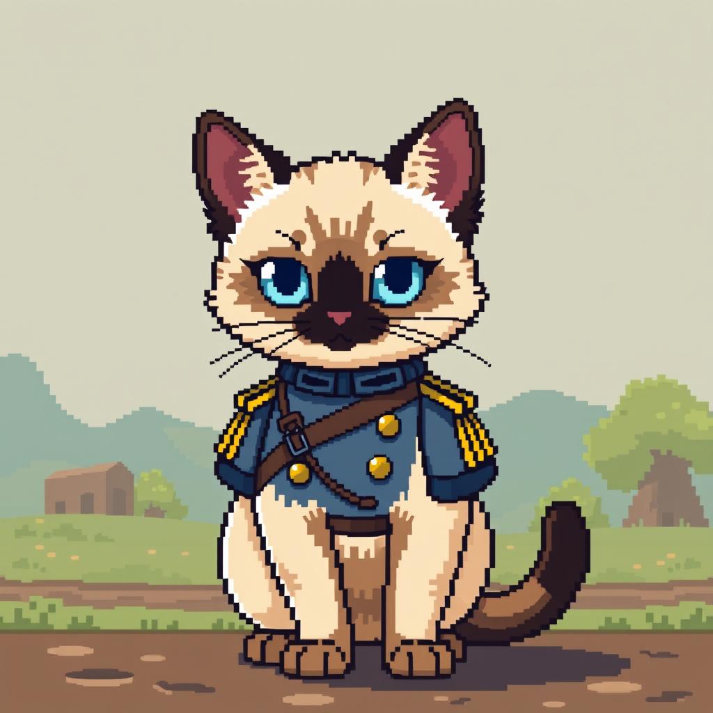 A pixel art representation of a Siamese cat dressed in a military uniform, showcasing its distinctive blue eyes and cream-colored fur