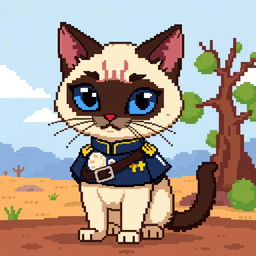 A pixel art representation of a Siamese cat dressed in a military uniform, showcasing its distinctive blue eyes and cream-colored fur