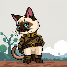 A pixel art representation of a Siamese cat dressed in a military uniform, showcasing its distinctive blue eyes and cream-colored fur