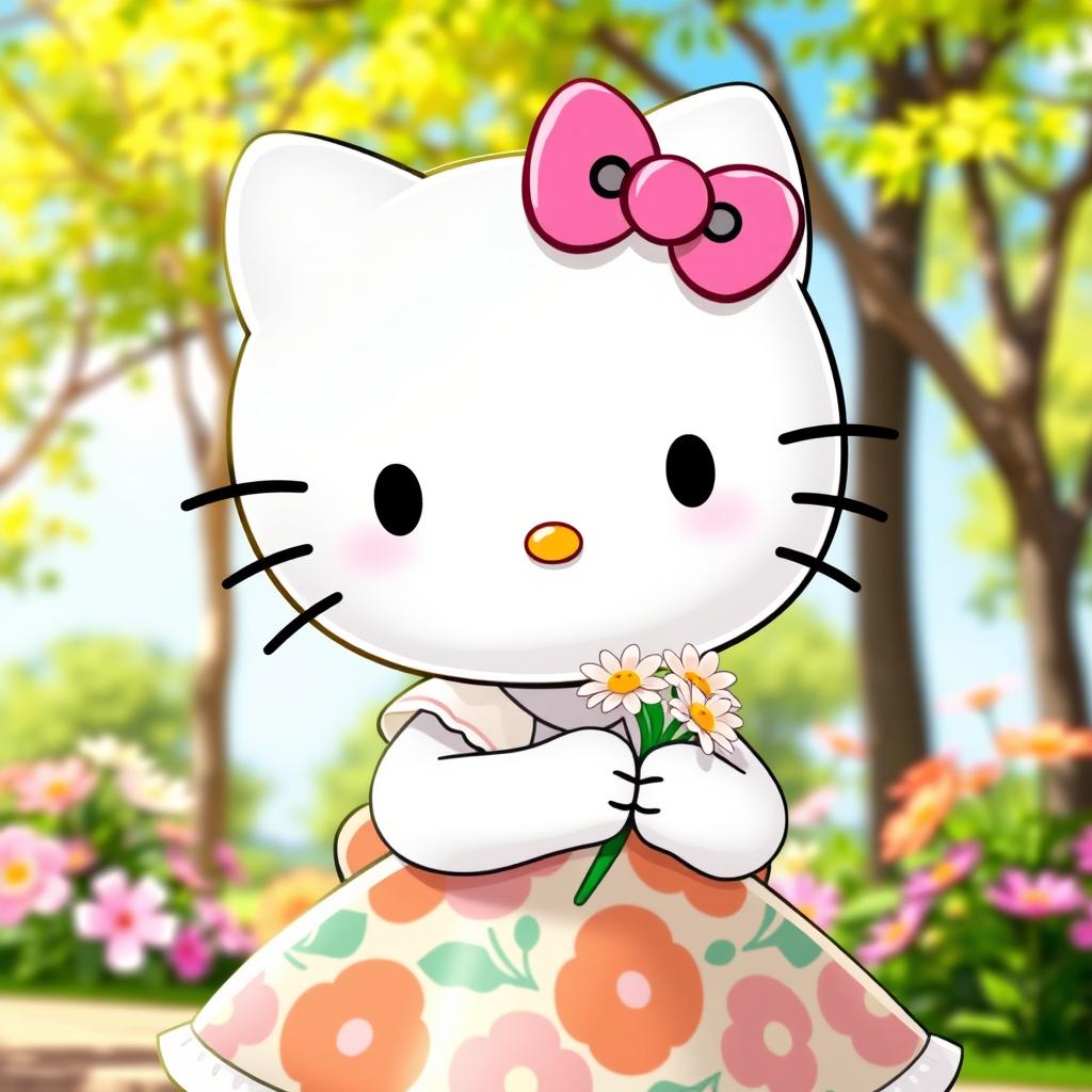 A cute and playful depiction of Hello Kitty wearing a stylish dress