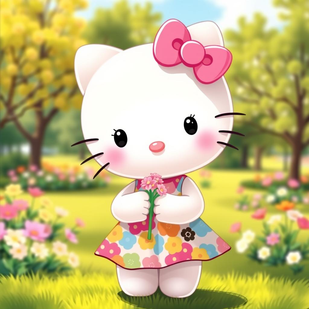 A cute and playful depiction of Hello Kitty wearing a stylish dress