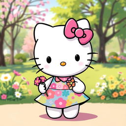 A cute and playful depiction of Hello Kitty wearing a stylish dress