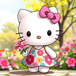 A cute and playful depiction of Hello Kitty wearing a stylish dress