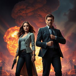 A movie poster featuring a realistic woman and a realistic man, both dressed as agents, standing confidently next to a massive explosion