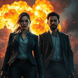 A movie poster featuring a realistic woman and a realistic man, both dressed as agents, standing confidently next to a massive explosion