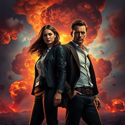 A movie poster featuring a realistic woman and a realistic man, both dressed as agents, standing confidently next to a massive explosion