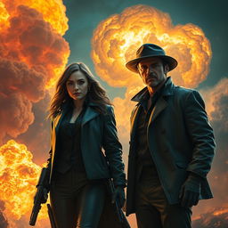 A movie poster featuring a realistic woman and a realistic man, both dressed as agents, standing confidently next to a massive explosion