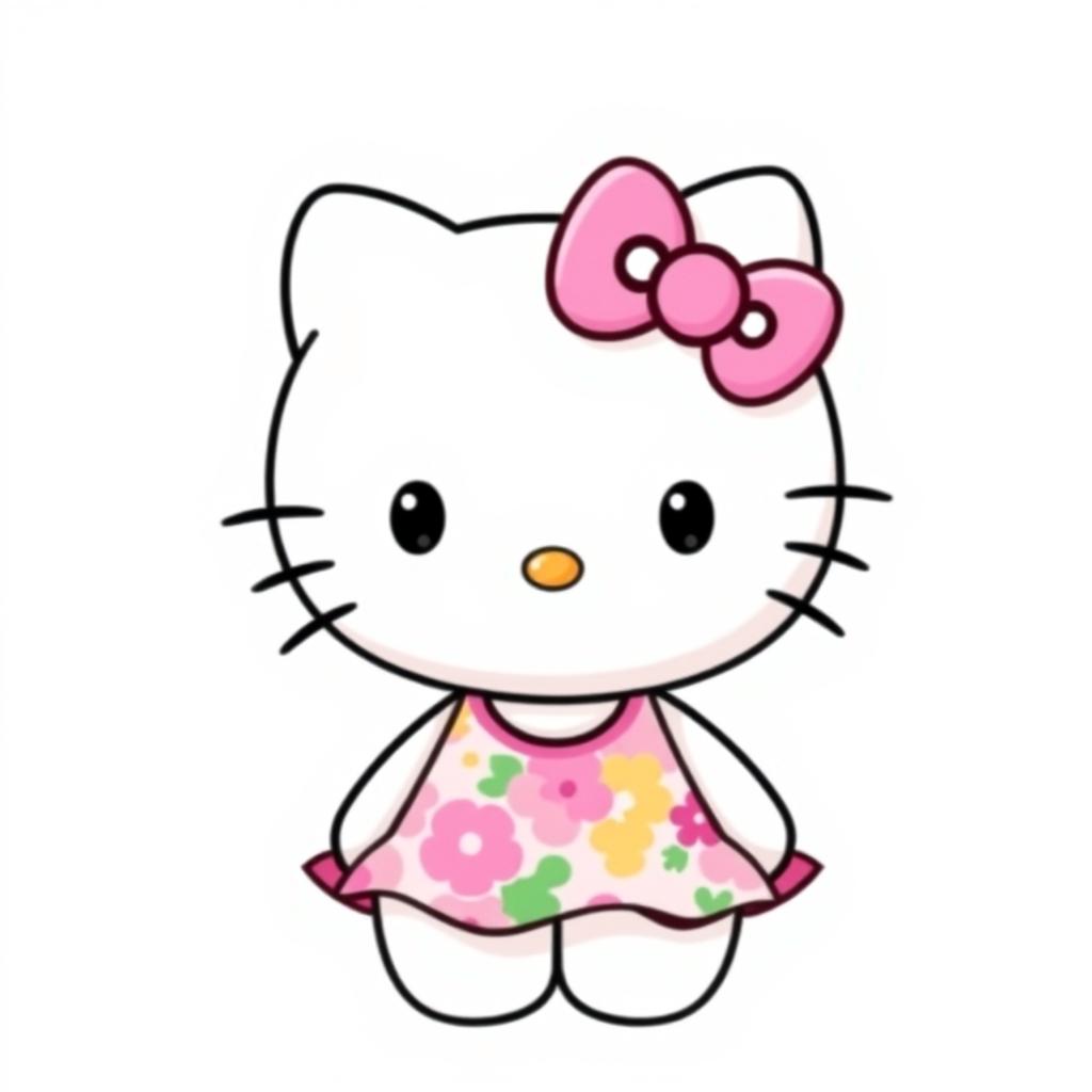 A cute and playful depiction of Hello Kitty wearing a stylish dress against a pure white background