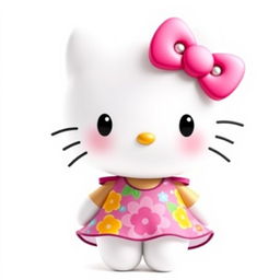 A cute and playful depiction of Hello Kitty wearing a stylish dress against a pure white background