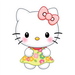 A cute and playful depiction of Hello Kitty wearing a stylish dress against a pure white background