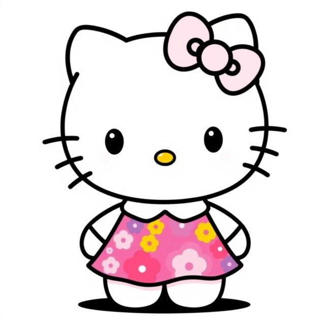 A cute and playful depiction of Hello Kitty wearing a stylish dress against a pure white background