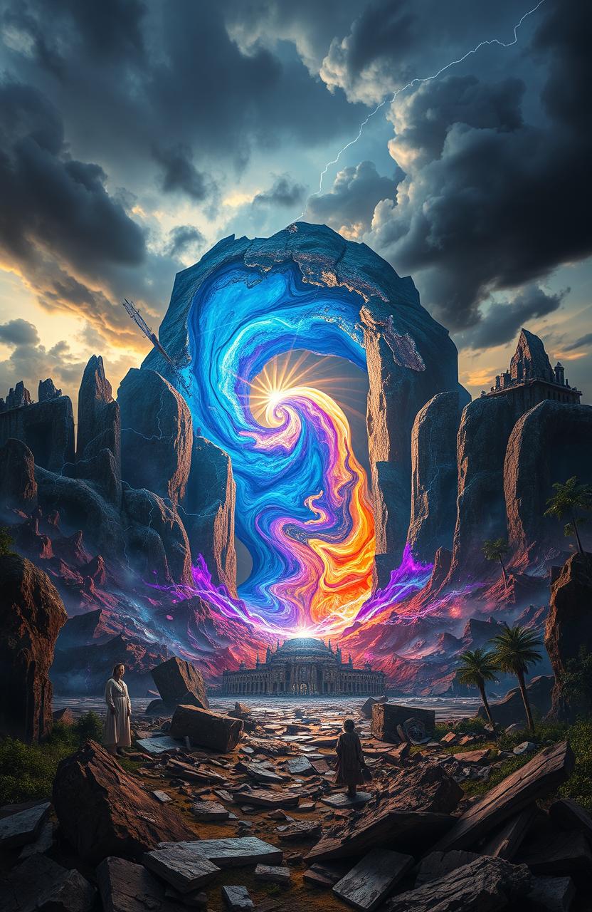 An open time rift in the center of the image, emitting brilliant, swirling colors of blue, purple, and gold, creating an otherworldly atmosphere