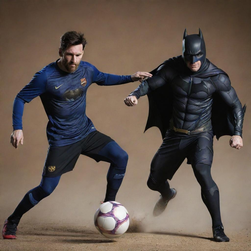 An engaging action-packed image showing Lionel Messi and Batman in a friendly duel, with dynamic poses that show their agility and strength