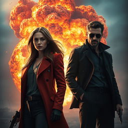 A dramatic movie poster featuring a realistic female and a realistic male character, both portrayed as secret agents