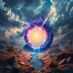 An open time rift at the center of the image, radiating mesmerizing hues of deep blue, vivid purple, and shimmering gold, casting an enchanting yet eerie glow around it