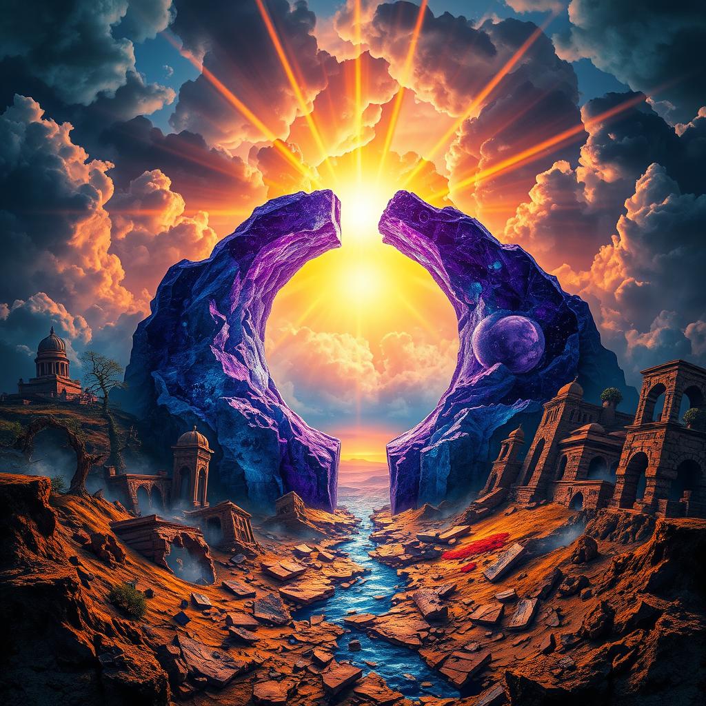 An open time rift at the center of the image, radiating mesmerizing hues of deep blue, vivid purple, and shimmering gold, casting an enchanting yet eerie glow around it