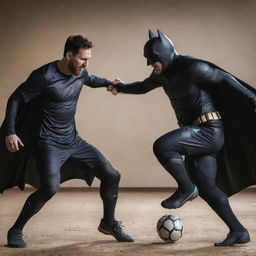 An engaging action-packed image showing Lionel Messi and Batman in a friendly duel, with dynamic poses that show their agility and strength