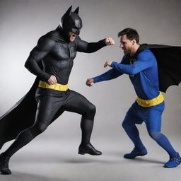 An engaging action-packed image showing Lionel Messi and Batman in a friendly duel, with dynamic poses that show their agility and strength