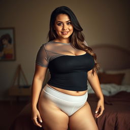 A voluptuous woman wearing a tight-fitting t-shirt and panties, showcasing her curvy silhouette