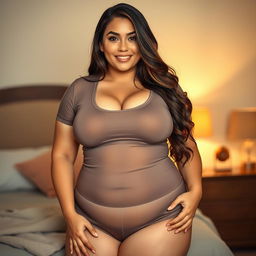 A voluptuous woman wearing a tight-fitting t-shirt and panties, showcasing her curvy silhouette