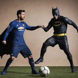 An engaging action-packed image showing Lionel Messi and Batman in a friendly duel, with dynamic poses that show their agility and strength