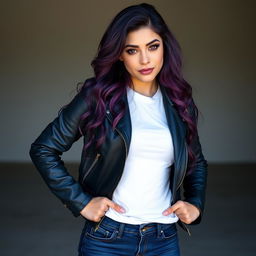 A Lightfoot Halfling woman confidently posing in a leather jacket over a white t-shirt, paired with dark blue Levi's jeans