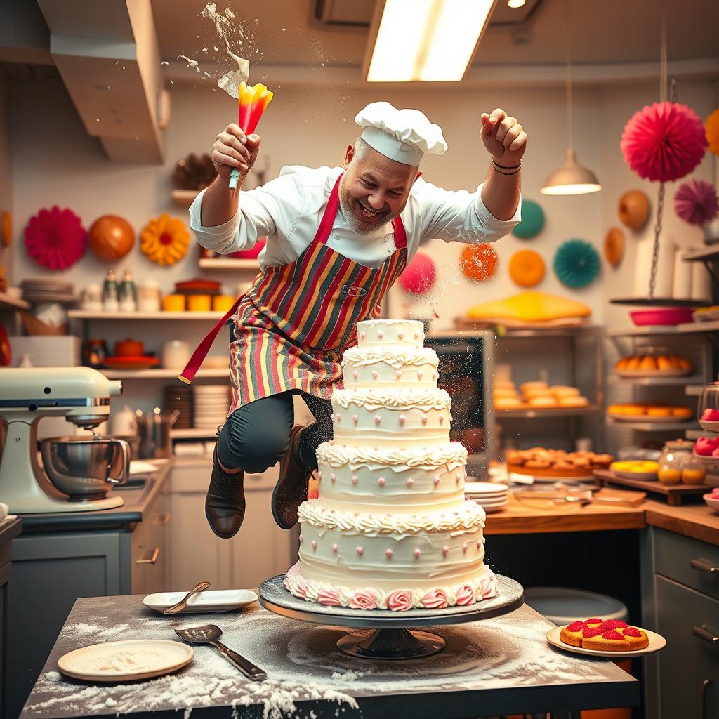 A dynamic scene set in a bustling pastry workshop where a chef is dramatically frosting a multi-tiered cake