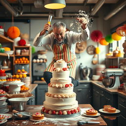 A dynamic scene set in a bustling pastry workshop where a chef is dramatically frosting a multi-tiered cake