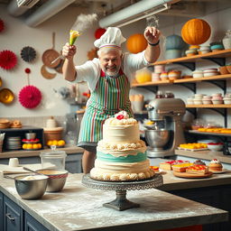 A dynamic scene set in a bustling pastry workshop where a chef is dramatically frosting a multi-tiered cake