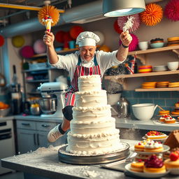 A dynamic scene set in a bustling pastry workshop where a chef is dramatically frosting a multi-tiered cake