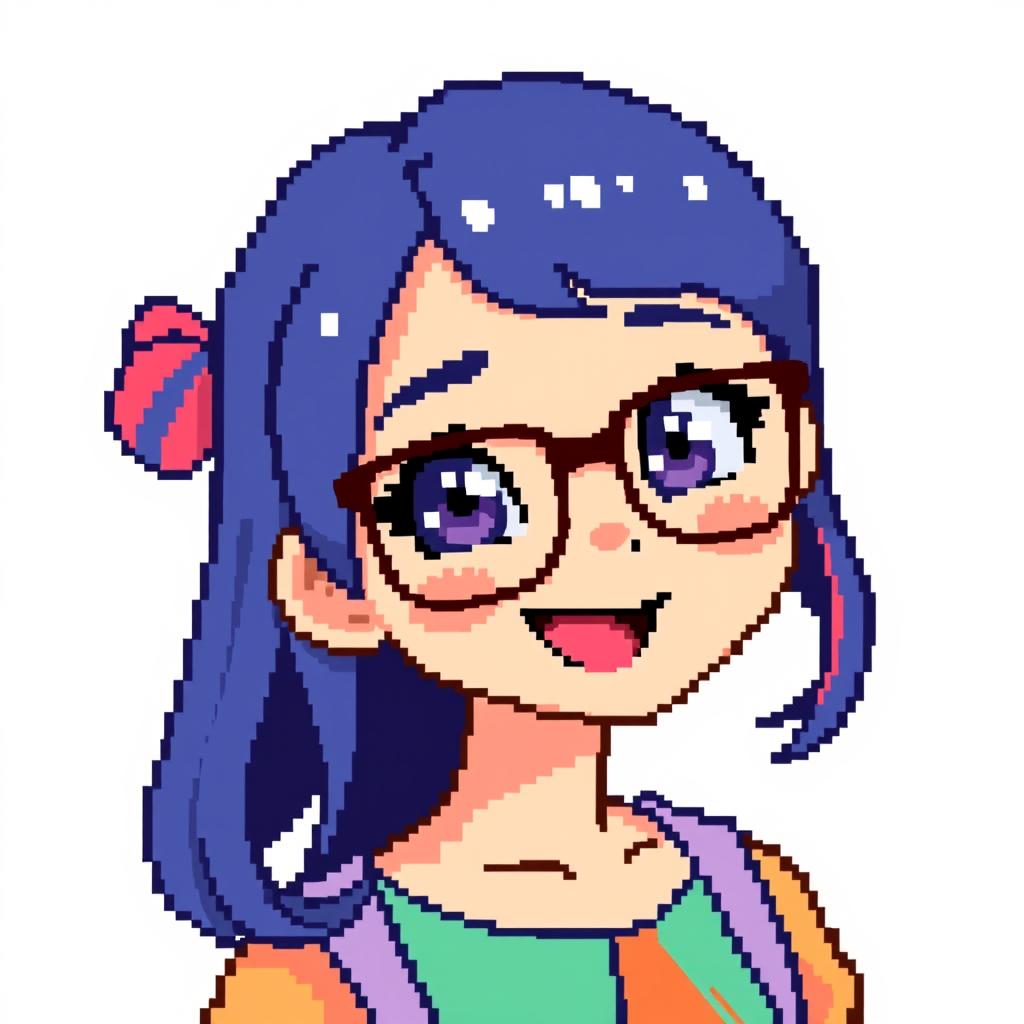 A pixel art depiction of a girl with glasses, designed in a 32x32 pixel style