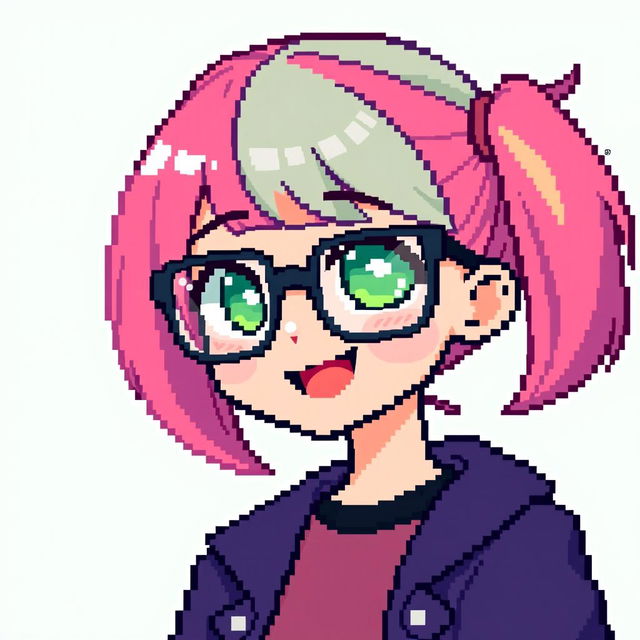 A pixel art depiction of a girl with glasses, designed in a 32x32 pixel style