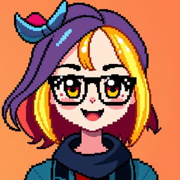 A pixel art depiction of a girl with glasses, designed in a 32x32 pixel style