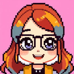 A pixel art depiction of a girl with glasses, designed in a 32x32 pixel style