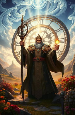 An impressive archmage standing proudly in the middle of a fantastical landscape, wearing ornate robes adorned with mystical symbols and holding a magical staff that glows with energy