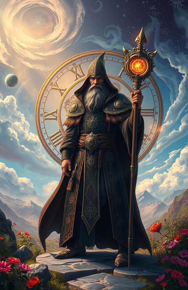 An impressive archmage standing proudly in the middle of a fantastical landscape, wearing ornate robes adorned with mystical symbols and holding a magical staff that glows with energy