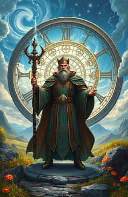 An impressive archmage standing proudly in the middle of a fantastical landscape, wearing ornate robes adorned with mystical symbols and holding a magical staff that glows with energy