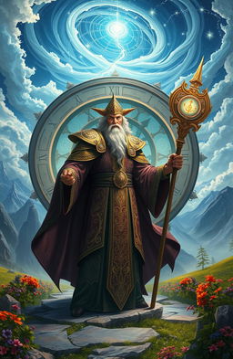 An impressive archmage standing proudly in the middle of a fantastical landscape, wearing ornate robes adorned with mystical symbols and holding a magical staff that glows with energy